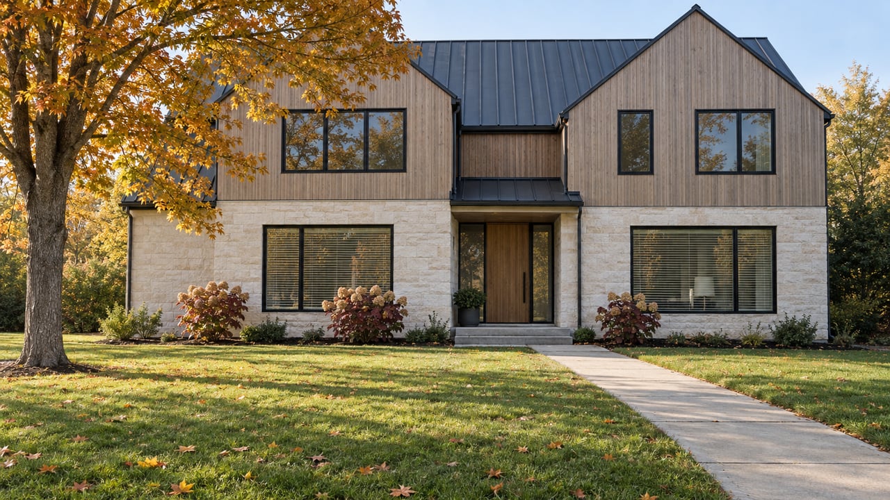 Autumn morning light on a contemporary stone-and-oak home behind a deep lawn and an amber sugar maple.
