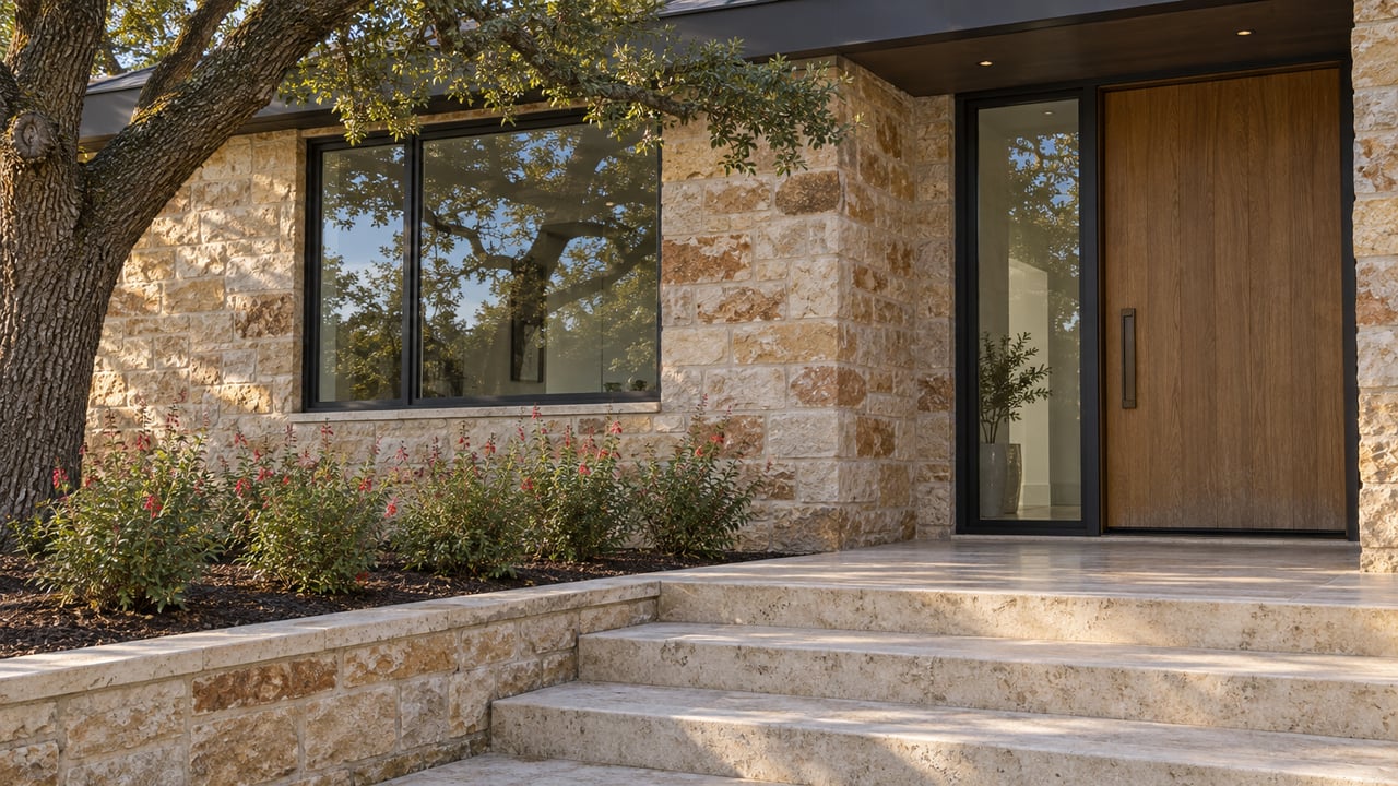 Limestone steps lead to a recessed oak door beneath a low metal roof, beside rough stone walls, dark-framed glazing and a mature oak.
