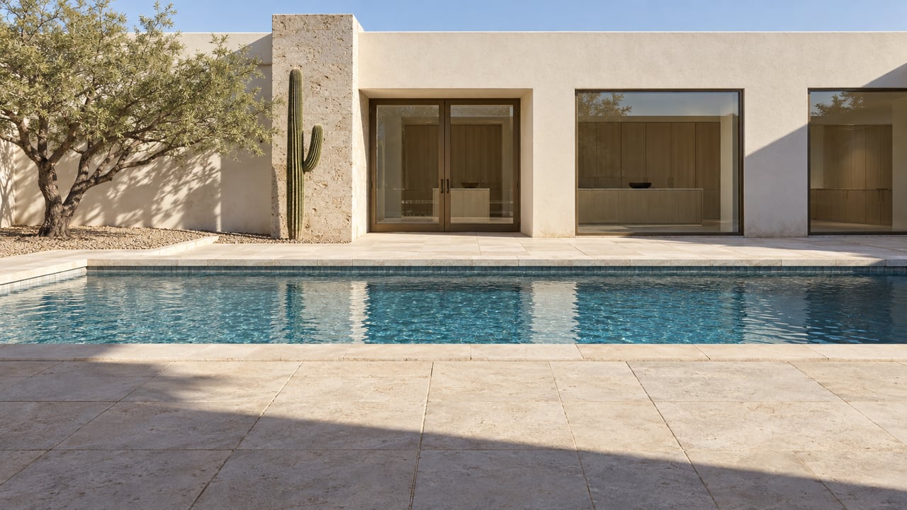 Low stucco estate with bronze-framed glazing across a limestone-edged pool, with a sculptural ironwood tree and saguaro in a gravel bed.