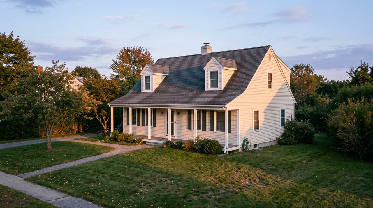 Cape-style house with gray clapboard siding, red door, and early-fall leaves scattered across the lawn.