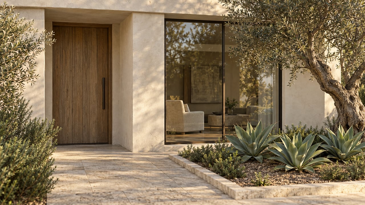 Coastal home with an oak entry, steel-framed window, olive tree, and agaves.