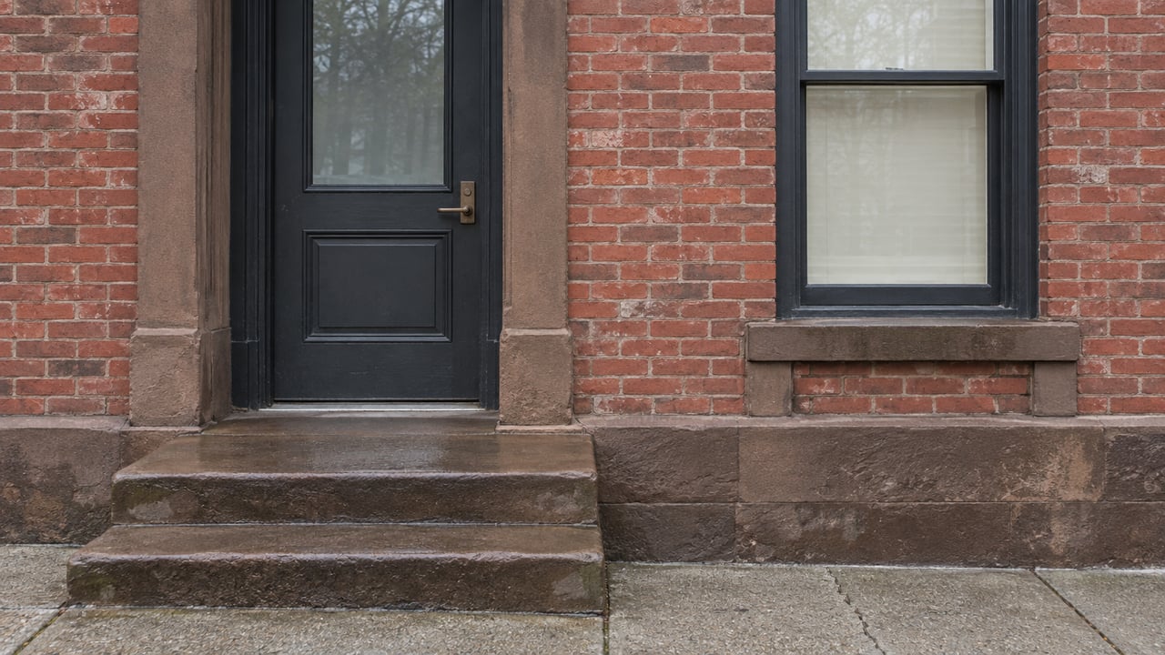 Red brick residential entry with a dark glazed door, tall sash window and rain-darkened brownstone steps.