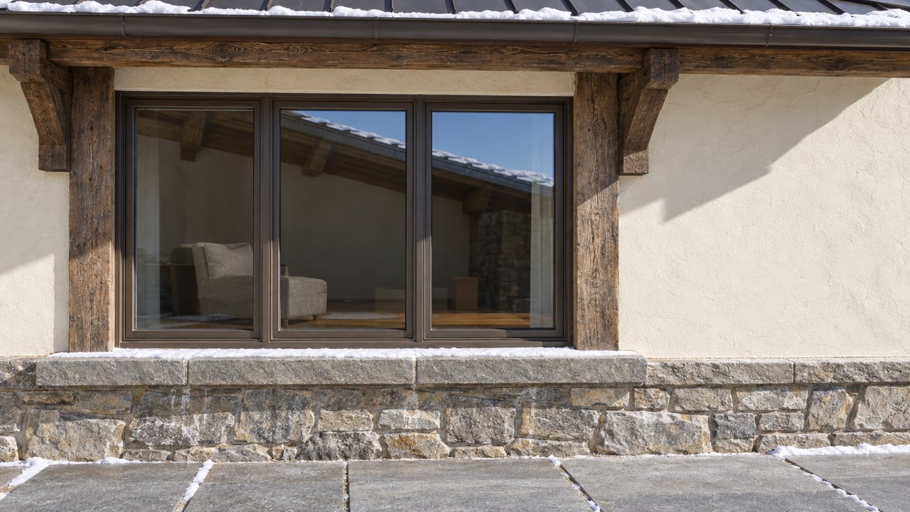 Early snow rests on a stone window sill beneath dark timber eaves, with pale plaster and a closed bronze-framed window.
