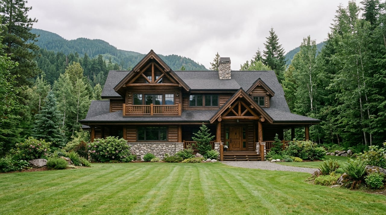 Two-story mountain lodge with board-formed concrete, dark cedar siding, stone chimney, and broad lawn.