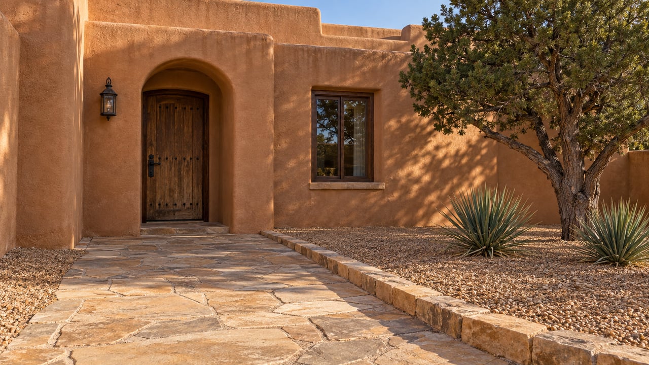 Clay stucco home with a recessed arched wooden door, sandstone courtyard paving, a mature pinyon pine and two banana yuccas in gravel.