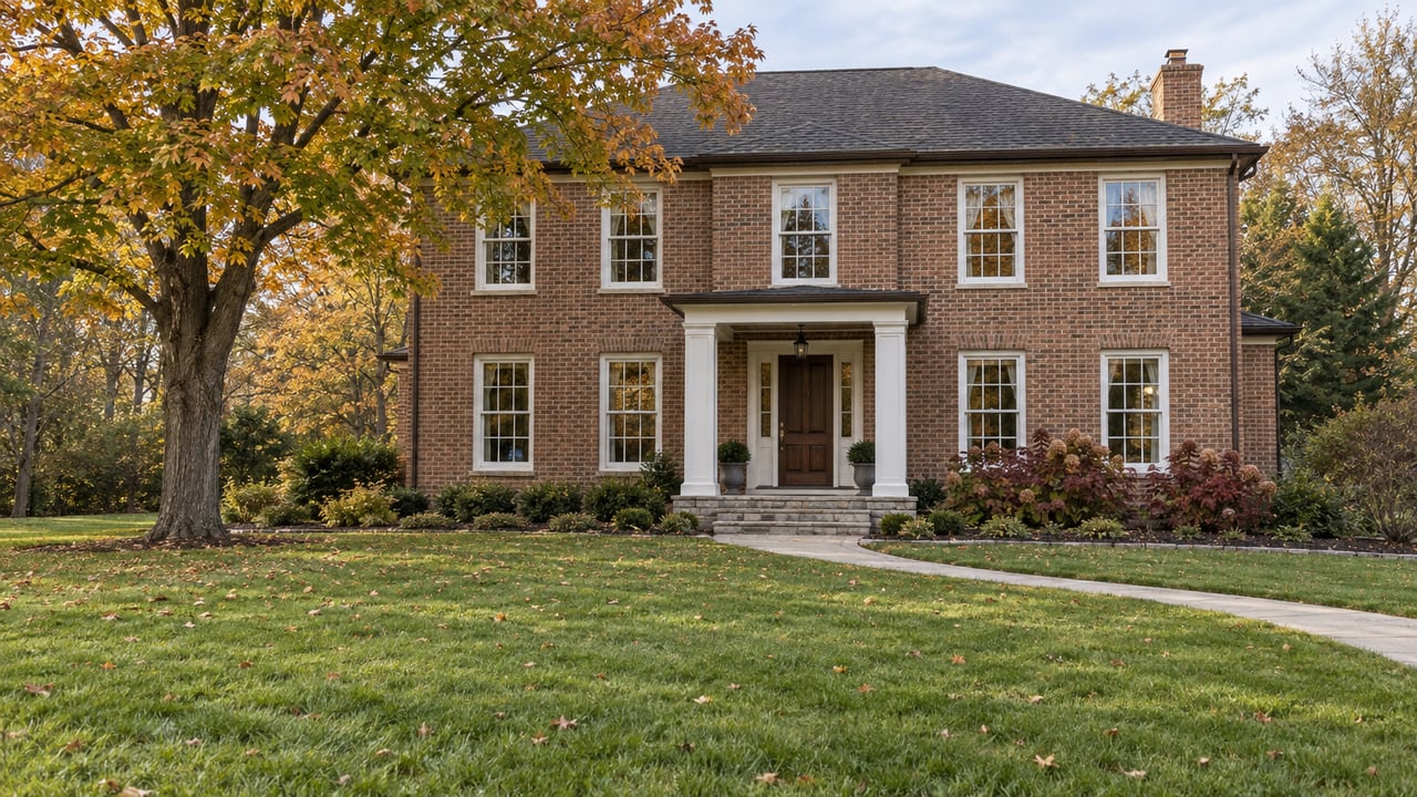 Brick two-story home with a columned entry porch, broad autumn lawn, and a mature amber-leaved maple.
