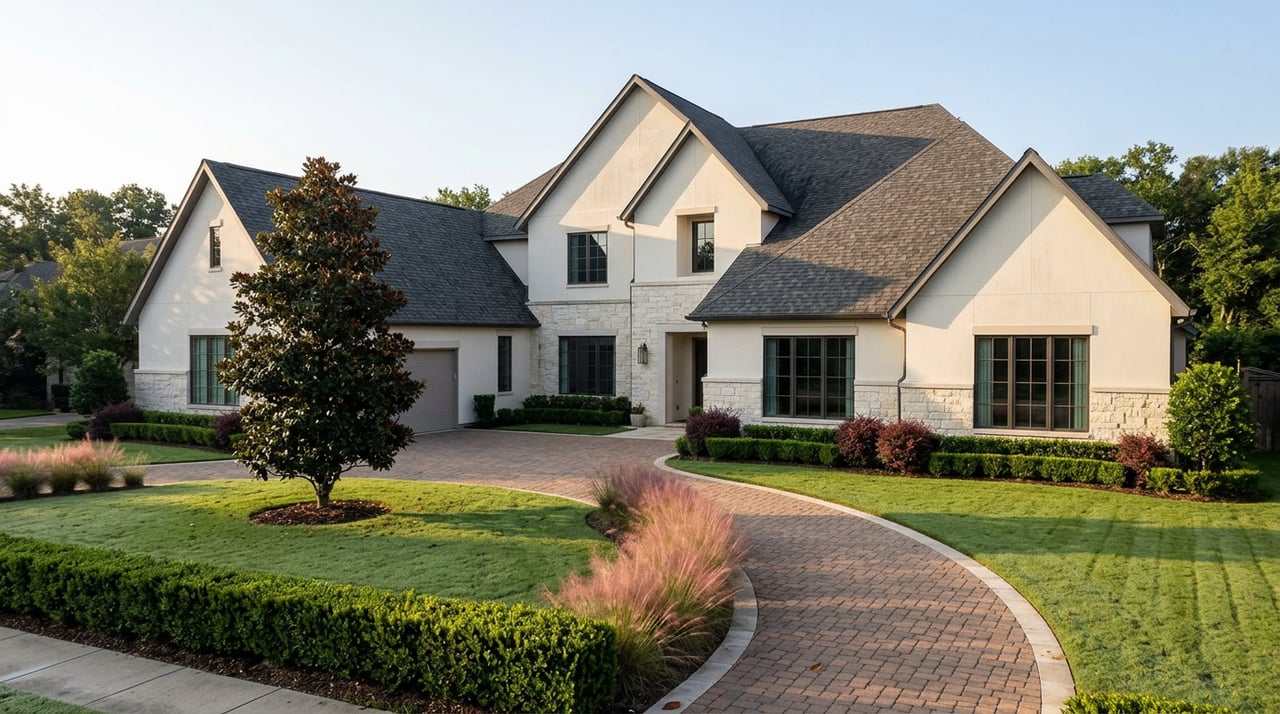 Suburban home with steep gables, limestone and stucco facade, curved paver driveway, magnolia tree, and manicured lawn.