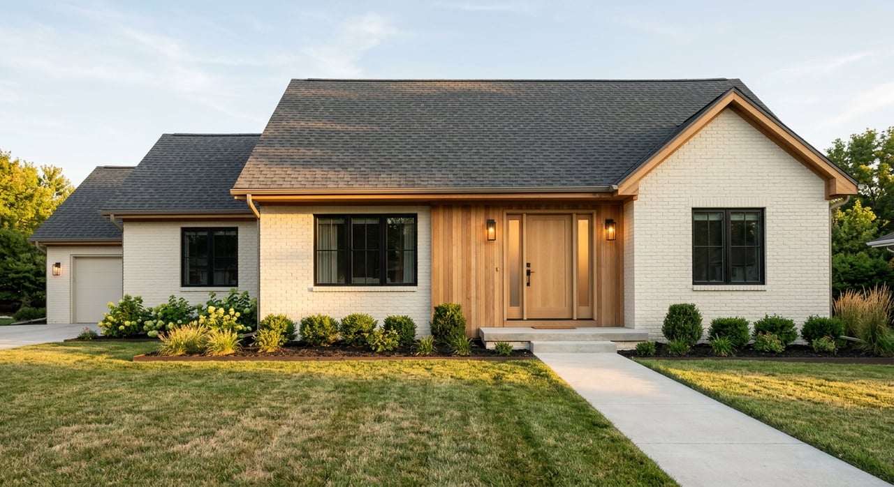 Painted-brick suburban home with a honey-toned cedar entry, white hydrangeas, and a concrete walk across the lawn.