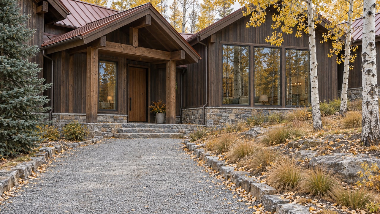 Timber-and-stone home with reddish-brown pitched roofs, tall windows and a gravel approach beside golden aspens.