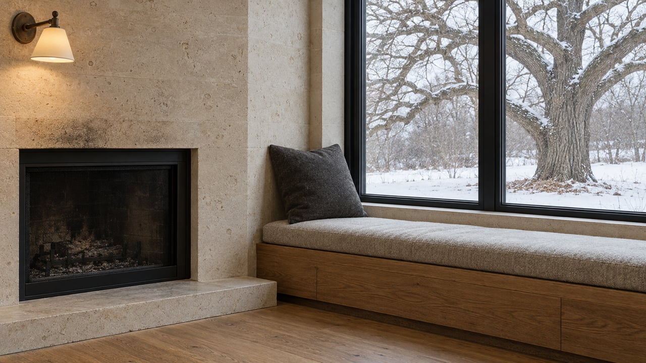 Close view of a limestone fireplace and wool-cushioned oak window seat beside closed black-framed glazing overlooking a bare bur oak and snow.