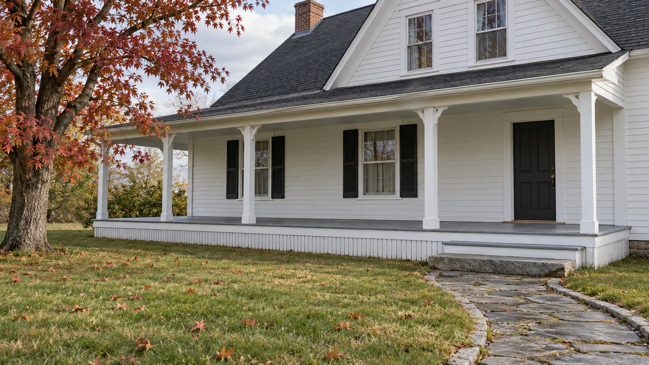 White clapboard farmhouse with a covered porch, gray stone walk and autumn lawn beneath a red maple.
