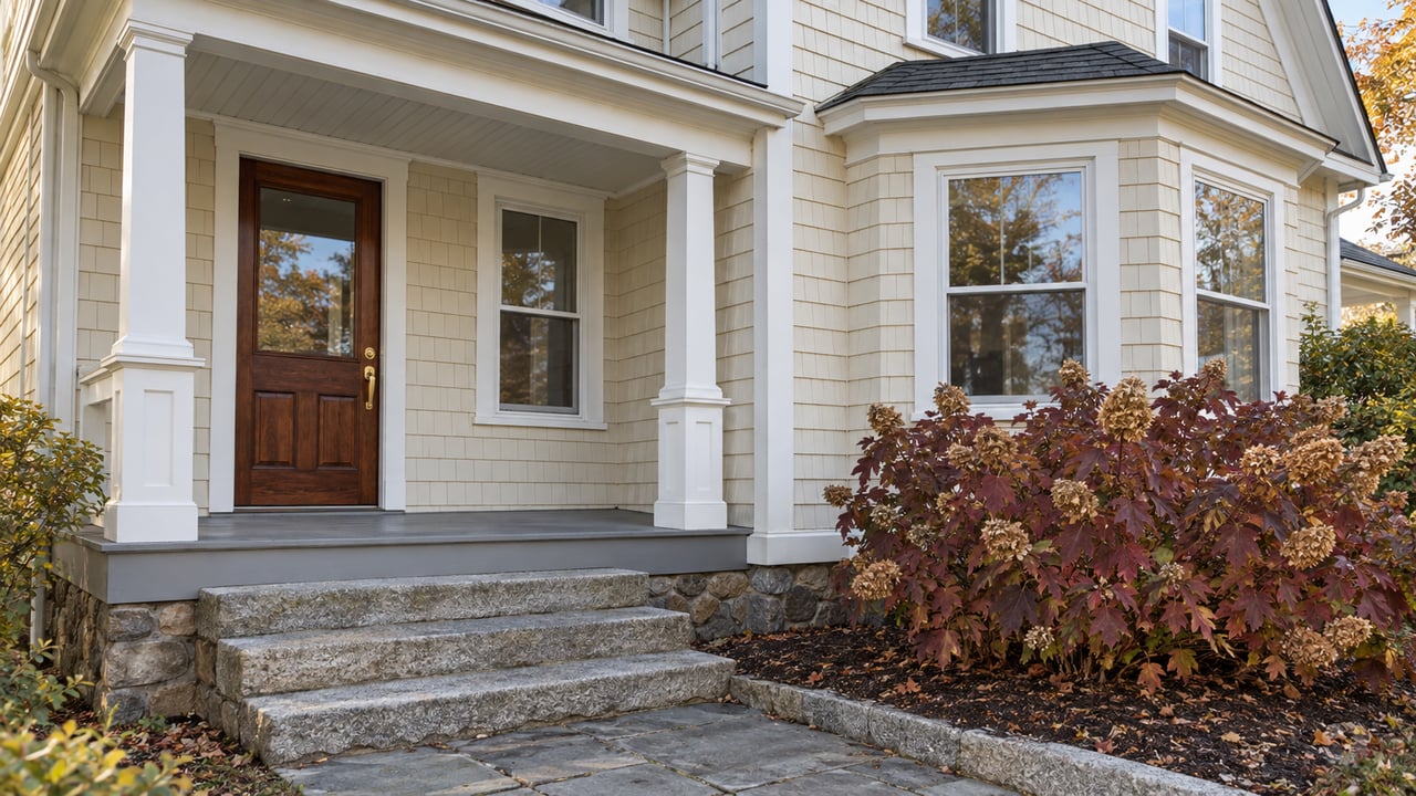 Cream-shingled home with a covered porch, chestnut-colored door, granite steps and burgundy oakleaf hydrangea beside a window bay.