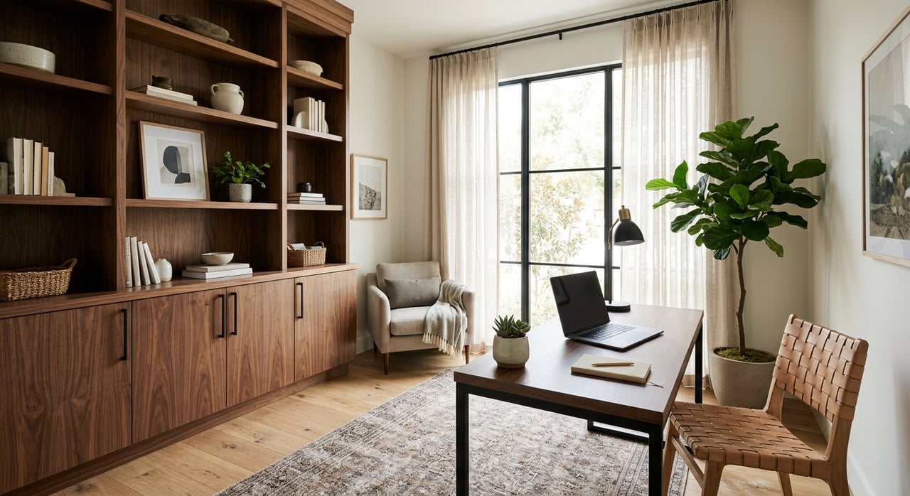 Walnut desk and built-in shelves beside a sheer-draped window, with a gray chair and potted ficus.