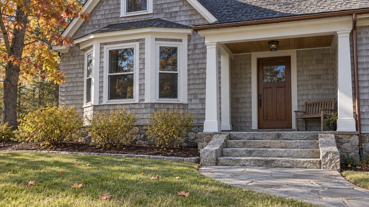 Gray cedar-shingled home with a covered entry porch, granite steps and an autumn maple beside a sloping lawn.