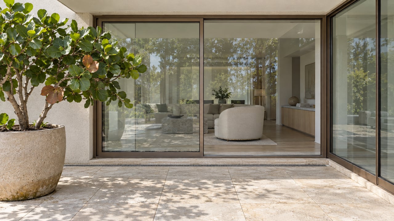 Sunlit limestone residential terrace with closed bronze-framed glazing, a cream chair inside, and a sculptural sea grape in a ceramic container.