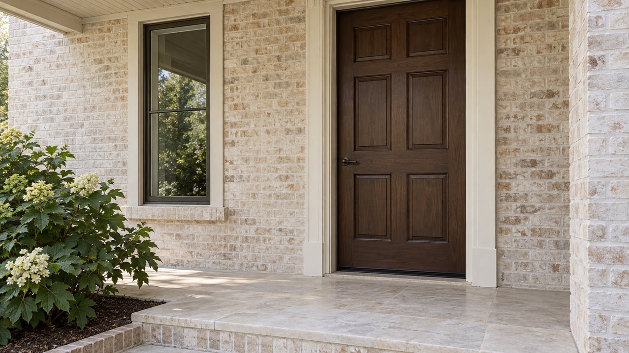 Dark walnut six-panel door in an ivory brick entrance, beside a bronze-framed window and oakleaf hydrangea.