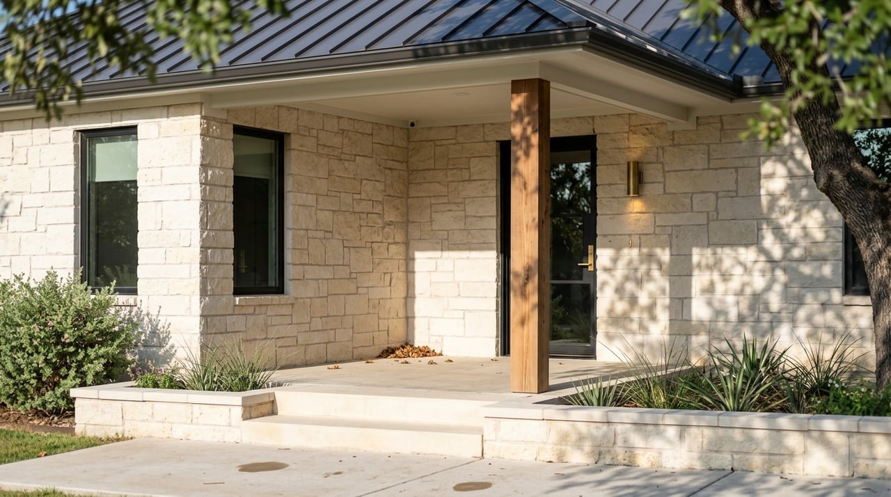 Modern farmhouse porch with limestone walls, black steel glazing, a timber post, and brass hardware.