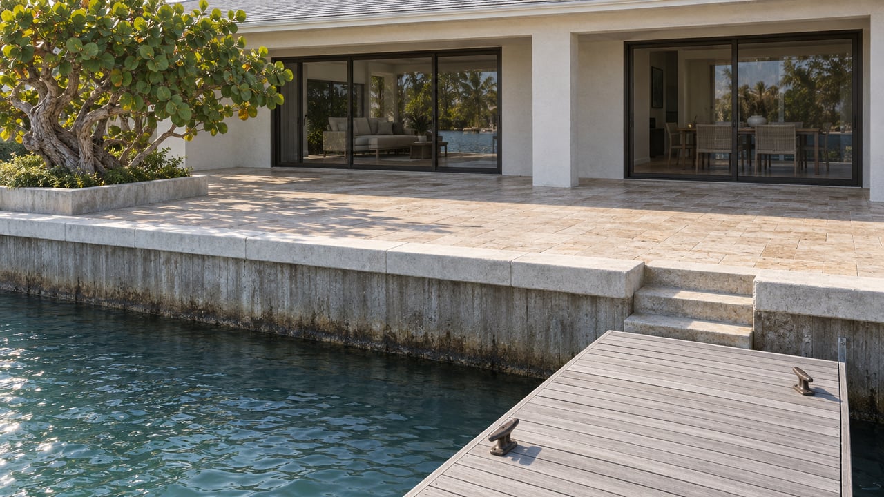 Canal-side home with closed glass doors, a paved terrace, concrete seawall, dock, and gnarled sea grape tree.