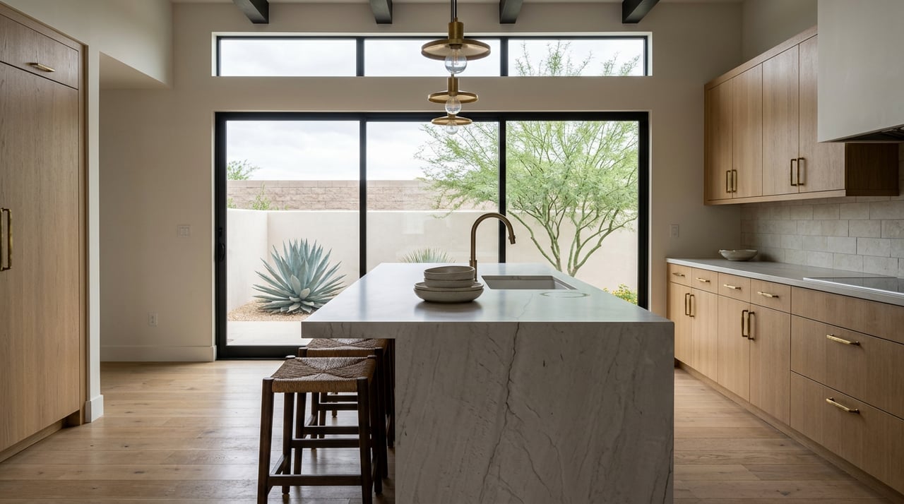 Quartzite kitchen island with white oak cabinetry and brass pulls, facing a glass slider onto a patio with agave and palo verde.