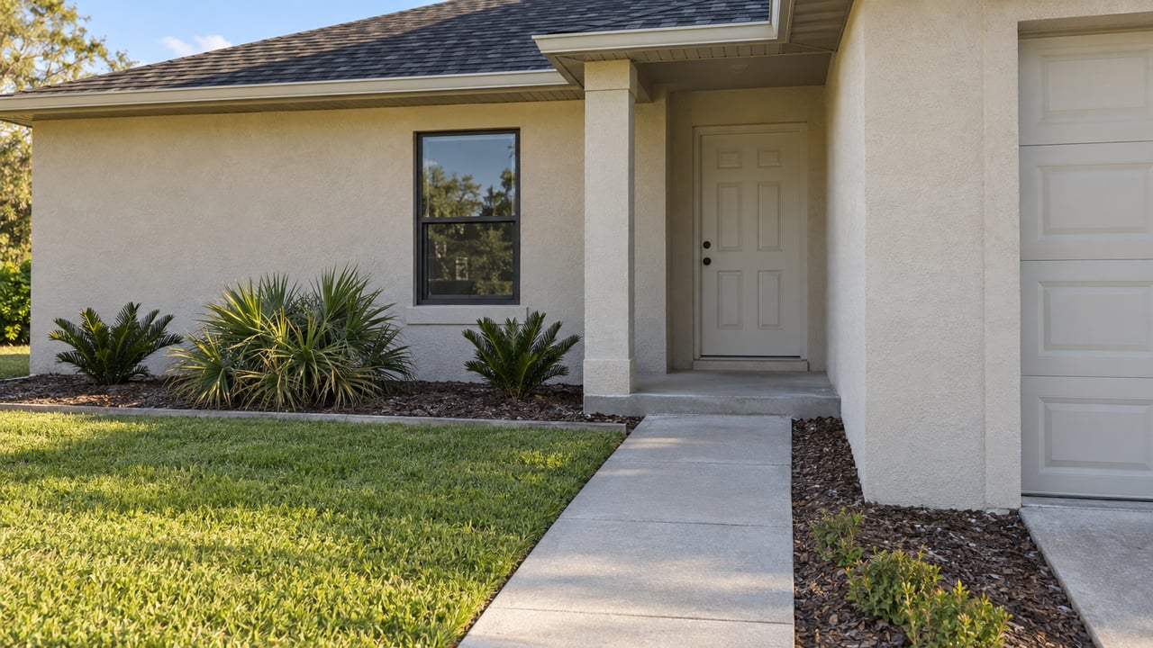 Beige stucco home entry with an off-white door, dark-framed window, concrete walk, and silver-green shrubs.