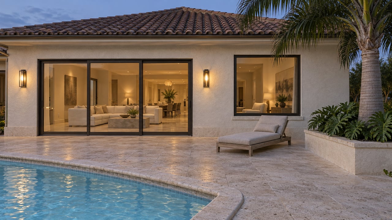 Pale stucco home with a tiled roof, enclosed glass doors, limestone pool terrace and a mature royal palm at blue hour.
