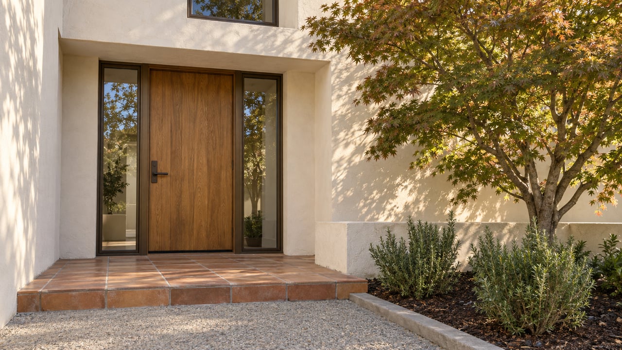 Warm afternoon light on an oak front door with paired sidelights, cream stucco, terracotta steps and a Japanese maple.