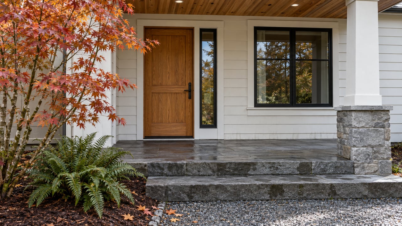 Covered home entry with an oak door, cedar soffit, white siding, basalt steps, and autumn vine maple leaves.
