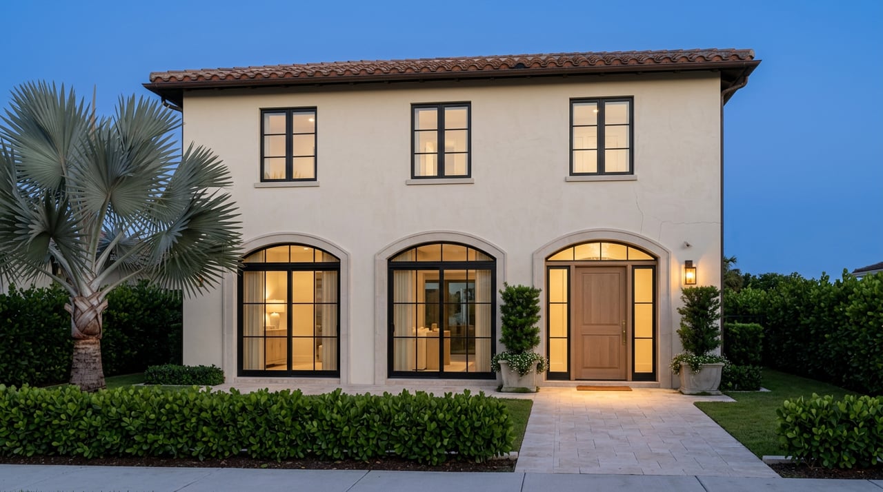 Cream stucco home with arched black-framed windows glowing at dusk, travertine walkway, and silver palm.