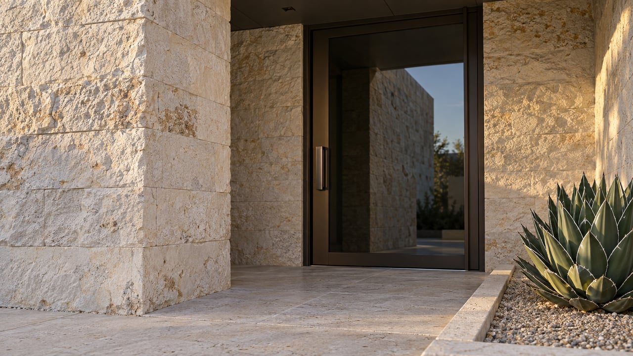 Recessed home entry with a limestone pier, smoked-glass door, and agave in a gravel pocket.