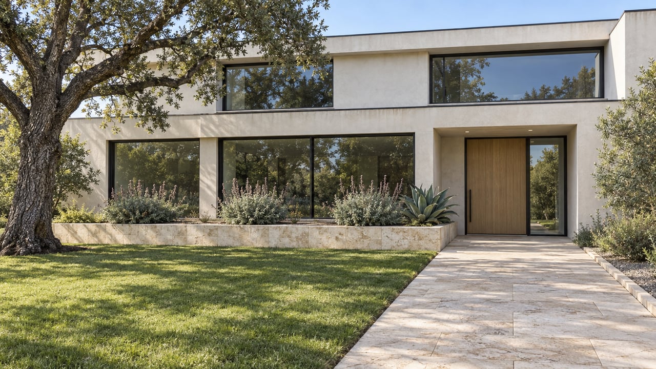 A contemporary white-stucco estate behind a deep lawn and limestone approach, with dark-framed glazing and a mature oak.