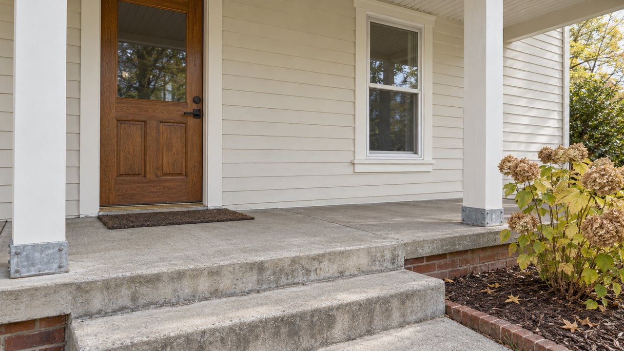 Cream clapboard house entry with an oak door, white porch posts, weathered concrete steps and two hydrangeas with autumn foliage.