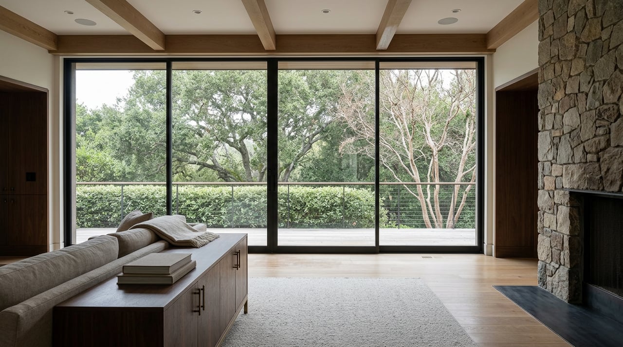 Open-plan great room with a stone fireplace, walnut seating, and a glass wall overlooking oak trees.