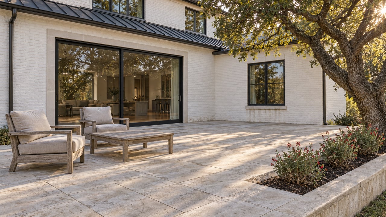 White-brick home opening onto a limestone patio with teak chairs and a mature twisting oak.