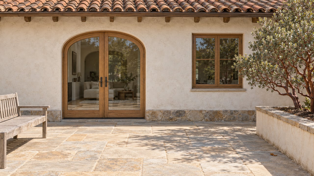 Sunlit stucco home opening onto a sandstone patio with a weathered teak bench and red-barked manzanita in a raised bed.