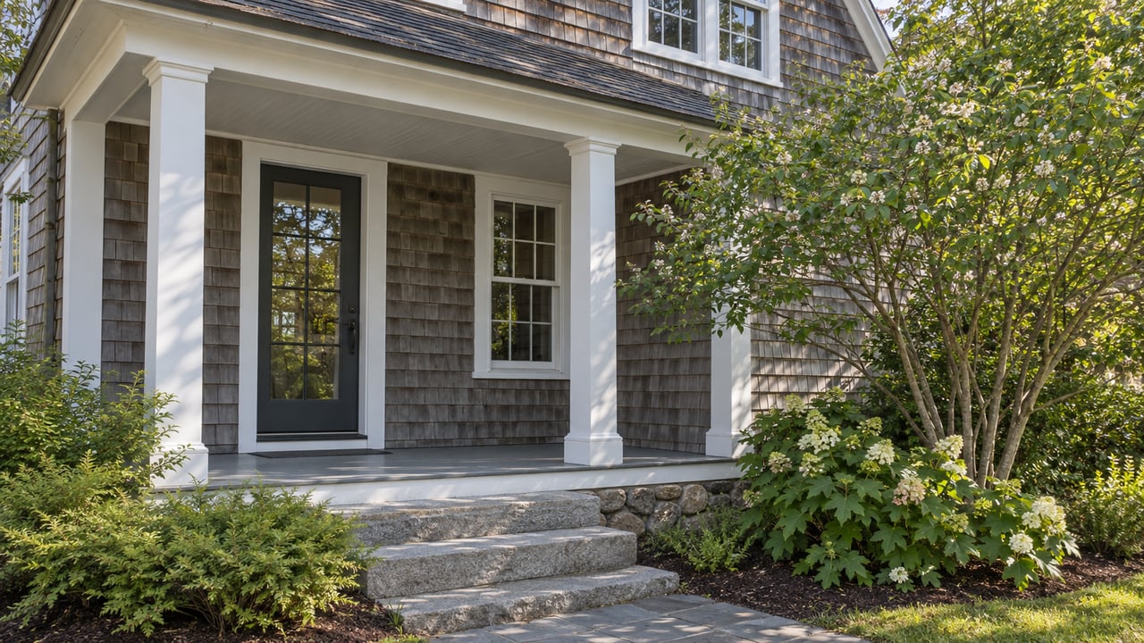 A weathered cedar-shingle house with a white-posted porch, granite steps, and compact garden plantings.