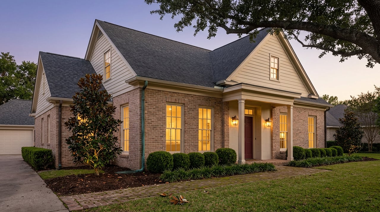 Two-story brick residence at dusk, with a lit columned entry, glowing windows, and a live oak canopy.