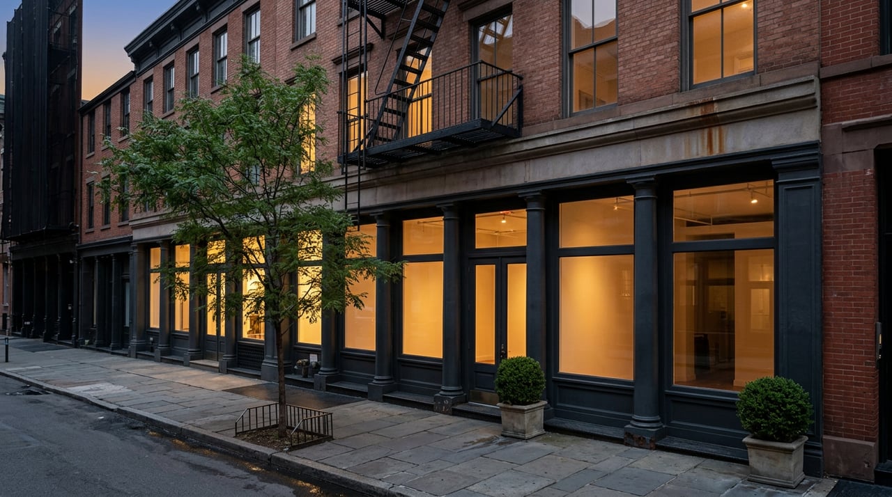 Brick and cast-iron city facade with glowing storefront windows, a fire escape, and a street tree at dusk.