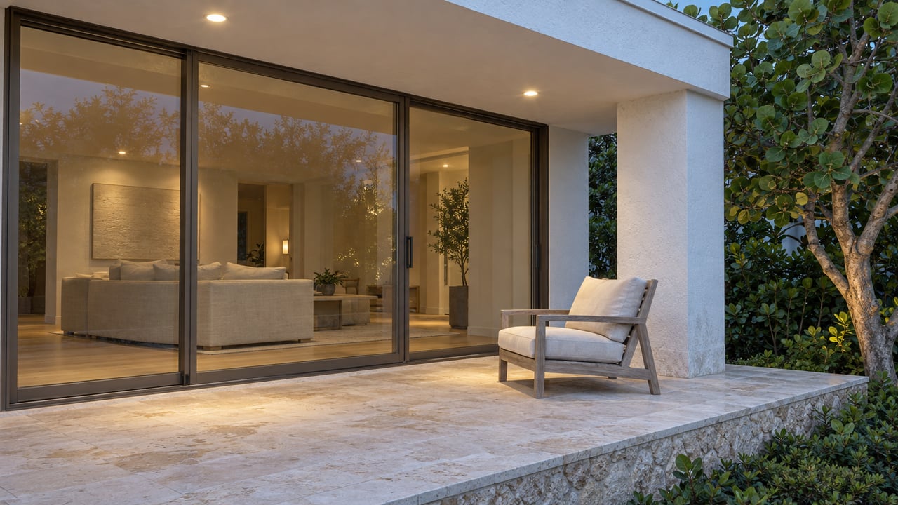 Modern home patio with a cushioned chair and warmly lit living room behind sliding glass doors.