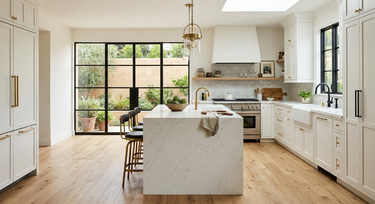 Spacious white kitchen with a veined quartz island, two stools, brass pulls, and a potted monstera.