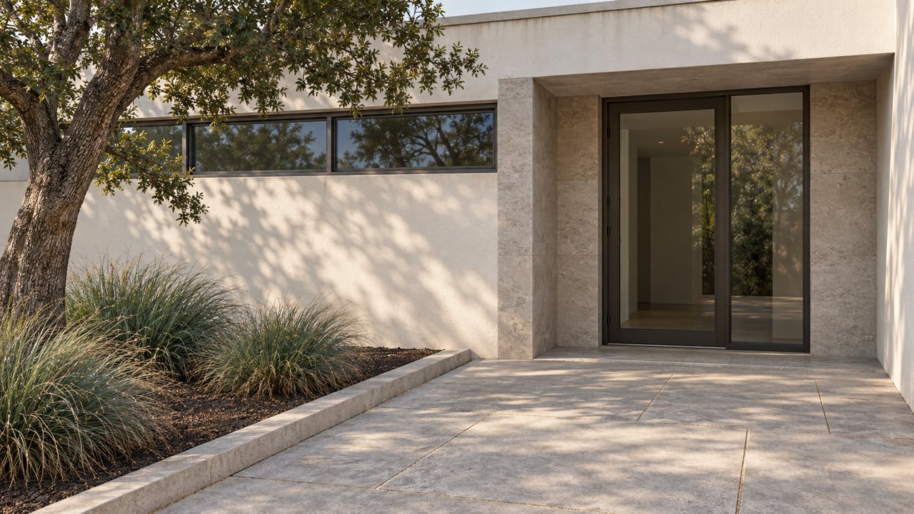 Contemporary home's recessed glazed entry with pale stucco, limestone detailing, concrete paving and a mature oak beside an edged planting bed.