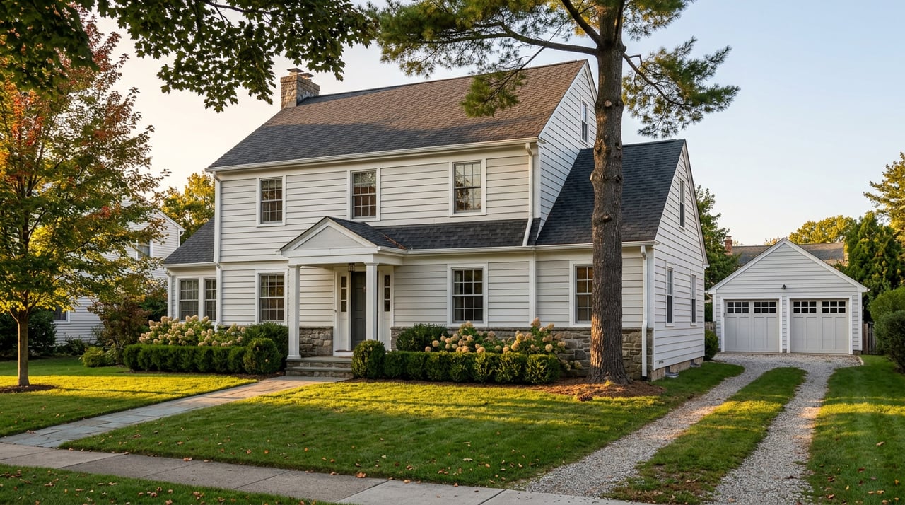 White Colonial home with a detached carriage-style garage, bluestone walk, and broad lawn beneath autumn trees.