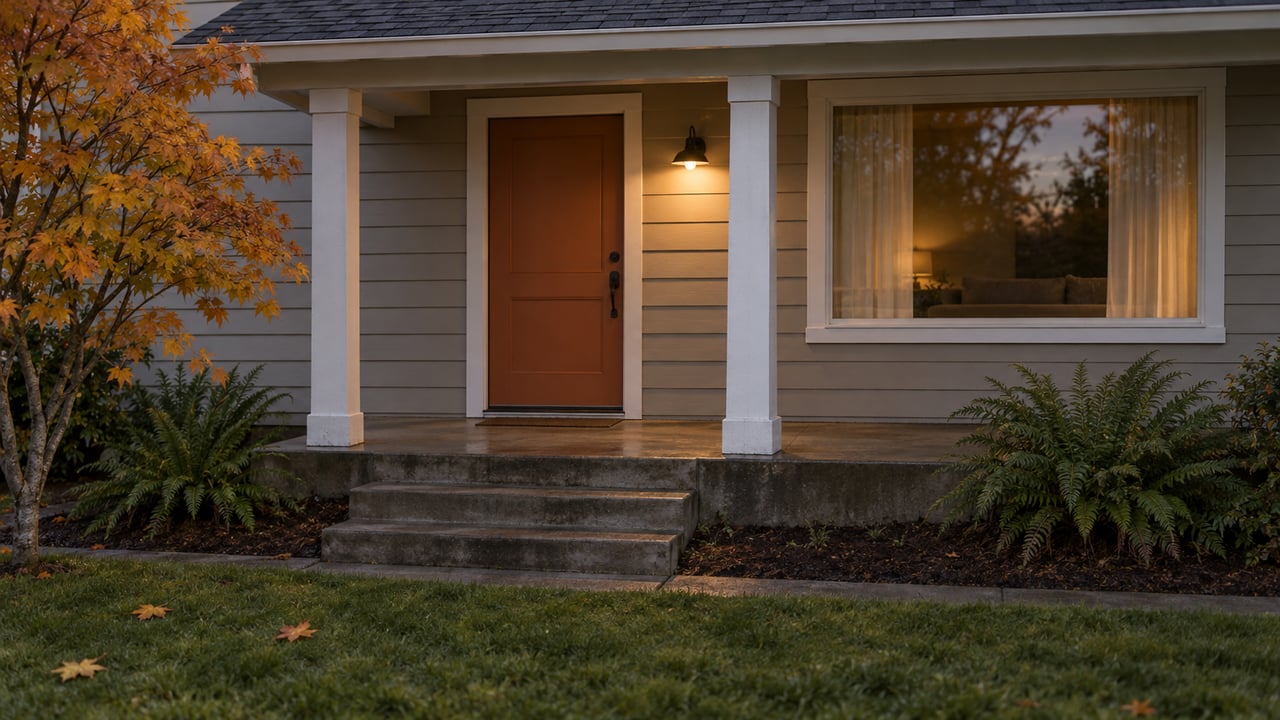 A modest lap-sided home's covered porch and picture window at dusk, with warm entry lighting, damp concrete steps and autumn maple leaves.