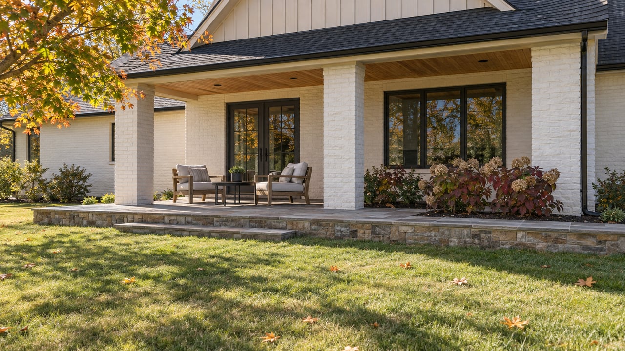 Autumn lawn beside a painted-brick home with a sandstone terrace, covered seating, and amber maple leaves.