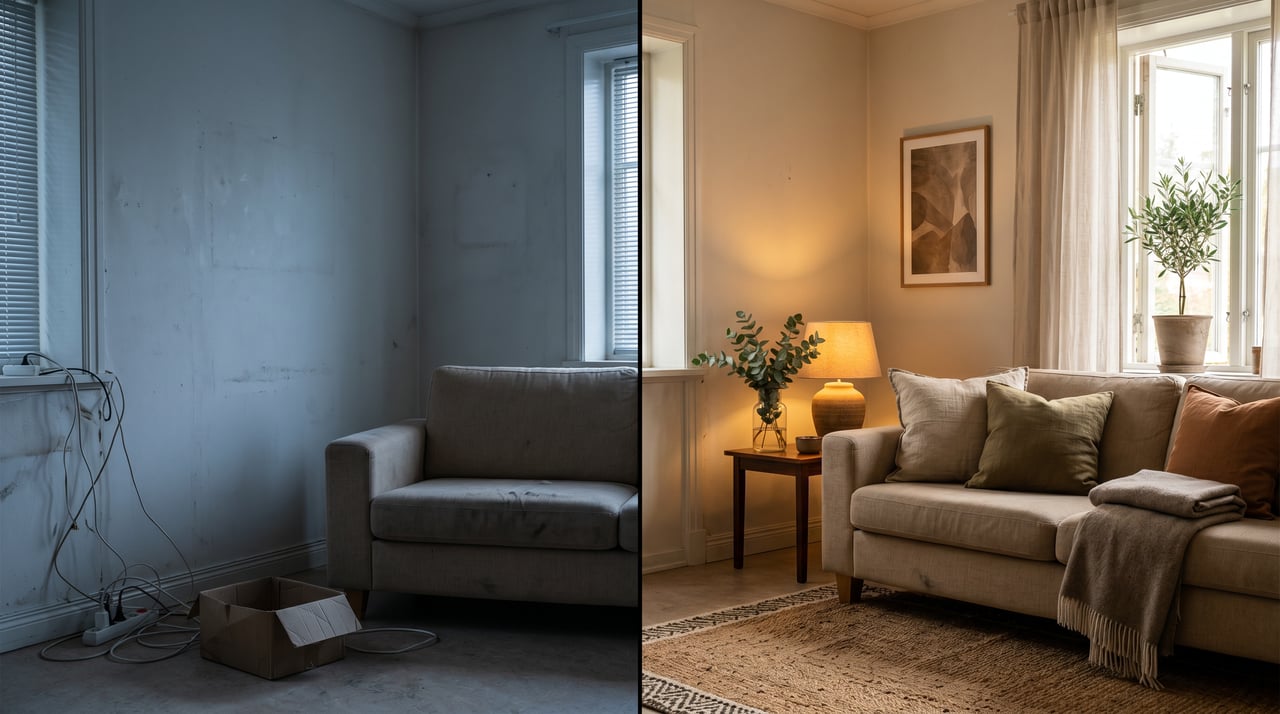 houston.png (featured, before/after split)Living room shown before and after home staging in Houston, dim cluttered side beside a warm styled side