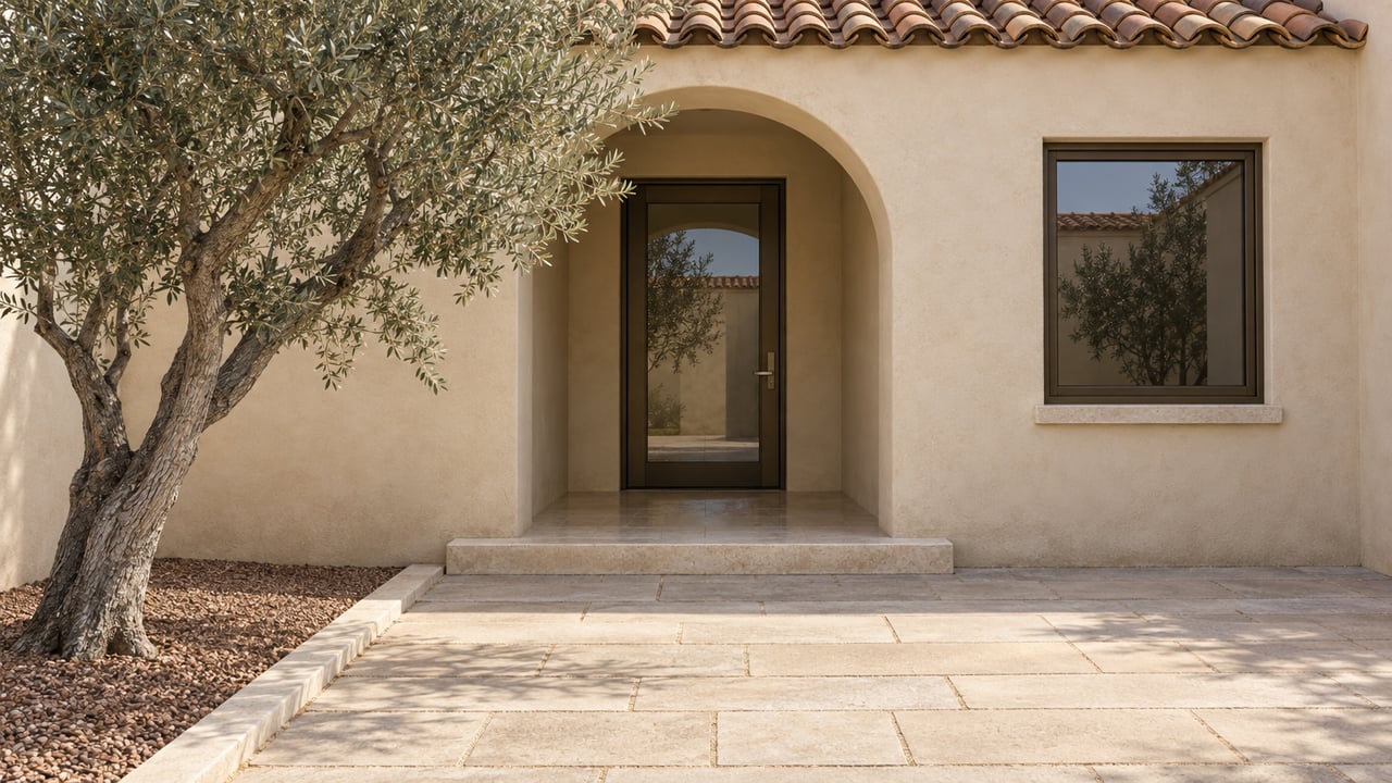 Sand-stucco courtyard entry with a deep arch, bronze-framed glass door, terracotta roof tiles and one mature olive beside a buff paved approach.
