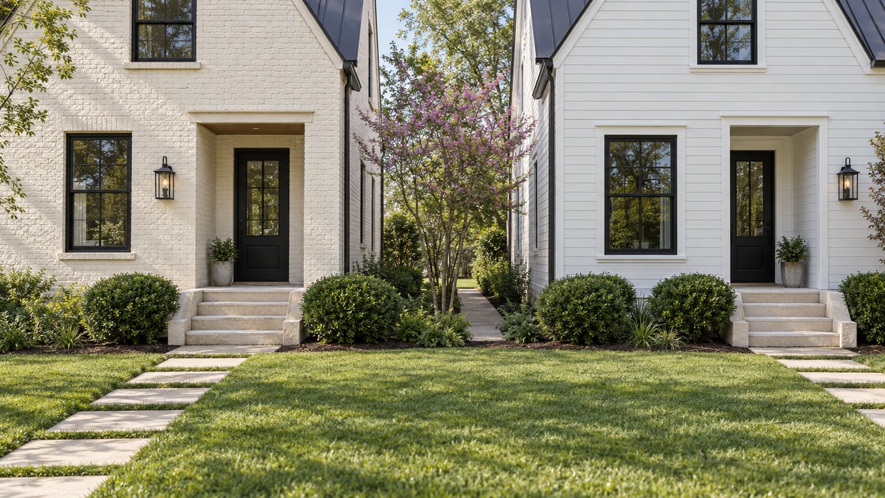 Cream brick and white-sided houses stand apart on a shared lawn, with a young tree between them.