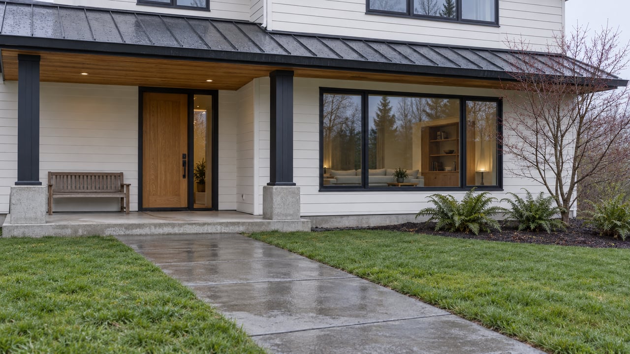 A white-sided home with cedar porch soffits, black-framed windows, and a rain-dark concrete approach bordered by ferns and a bare vine maple.