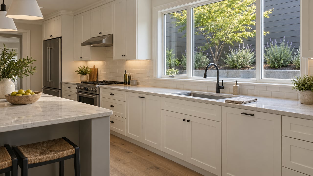 Bright kitchen with white painted cabinetry, pale stone counters and a closed window overlooking a planted garden.