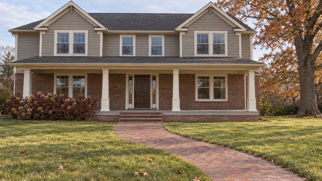 Two-story taupe-and-brick house with a covered entry and curved brick walkway in autumn.
