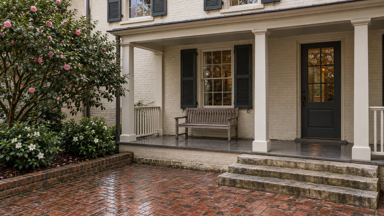 An ivory-painted brick residence with dark shutters and a raised porch overlooks a rain-damp brick courtyard planted with camellia and gardenias.